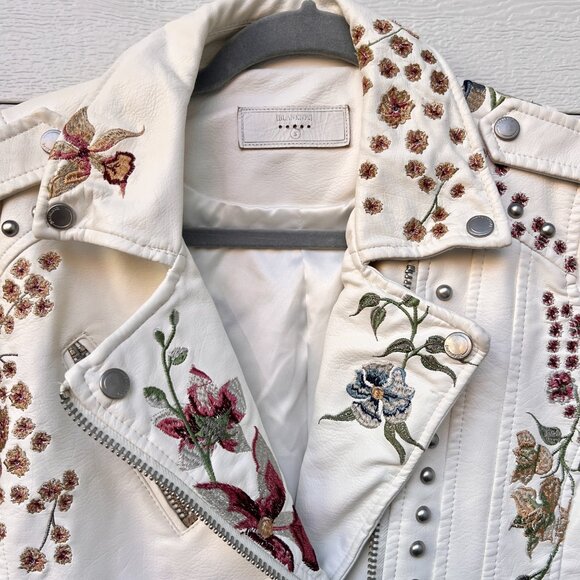 Blank NYC Floral Embroidered Silver Studded Zipper Moto Ivory Pleather Jacket - Picture 5 of 11